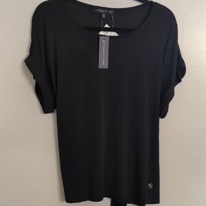 Adrienne Vittadini Black Cuffed Sleeve Boxy T-Shirt